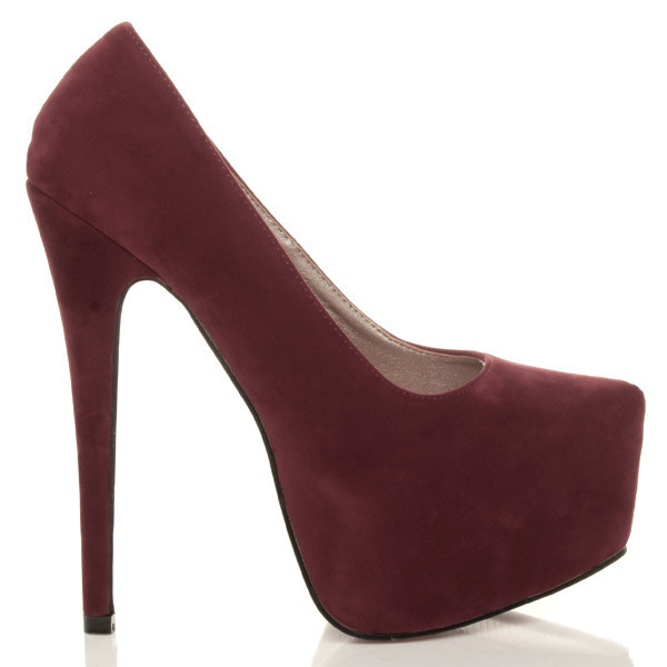 Right side view of Cherry Suede High Heel Pointed Platform Court Shoes