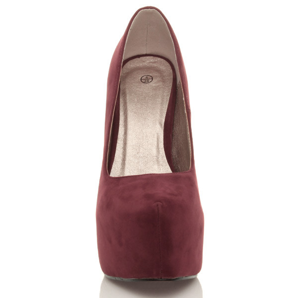 Front view of Cherry Suede High Heel Pointed Platform Court Shoes