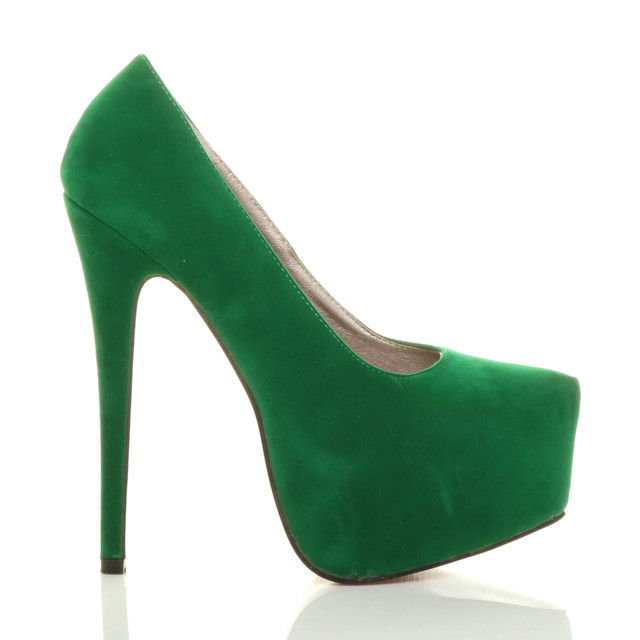 Right side view of Dark Green Suede High Heel Pointed Platform Court Shoes