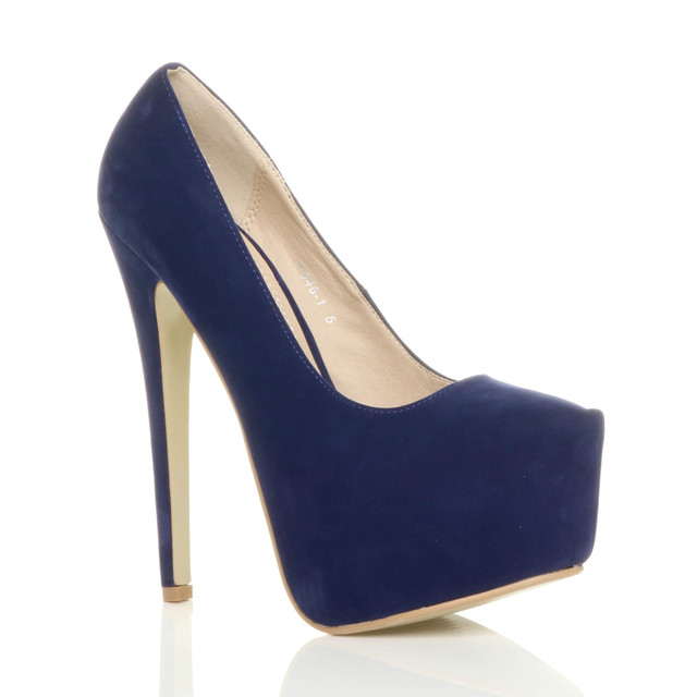 Front right side view of Navy Suede High Heel Pointed Platform Court Shoes