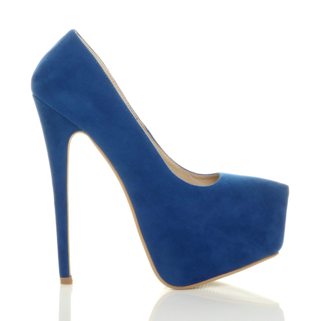 Right side view of Royal Blue Suede High Heel Pointed Platform Court Shoes