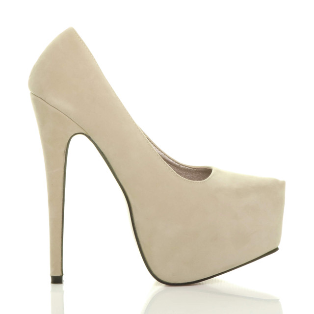 Right side view of Stone Beige Suede High Heel Pointed Platform Court Shoes