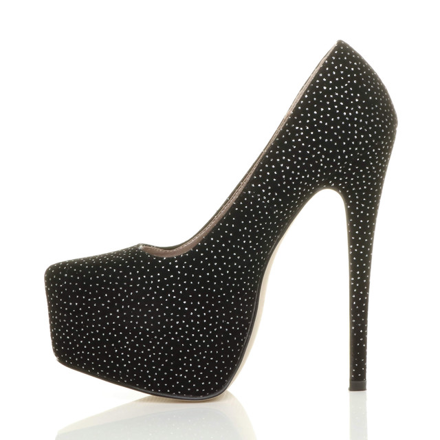 Left side view of Black Diamond Suede High Heel Pointed Platform Court Shoes