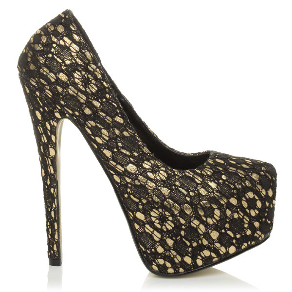 Right side view of Black Gold High Heel Pointed Platform Court Shoes
