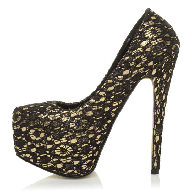 Left side view of Black Gold High Heel Pointed Platform Court Shoes