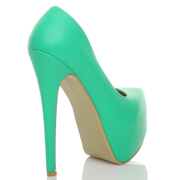 Back right side view of Turquoise Green PU High Heel Pointed Platform Court Shoes