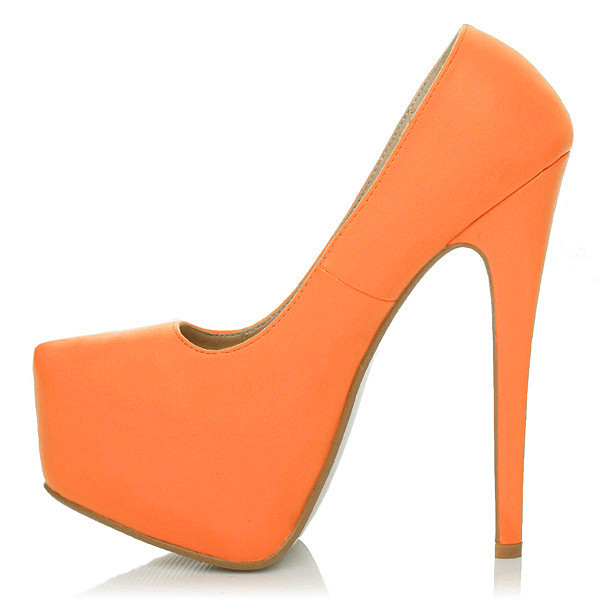 Left side view of Orange PU High Heel Pointed Platform Court Shoes
