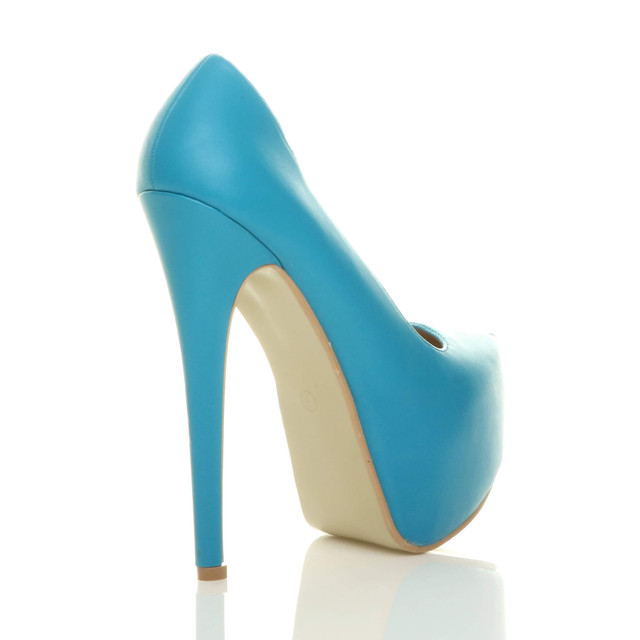 Back right side view of Turquoise Blue PU High Heel Pointed Platform Court Shoes