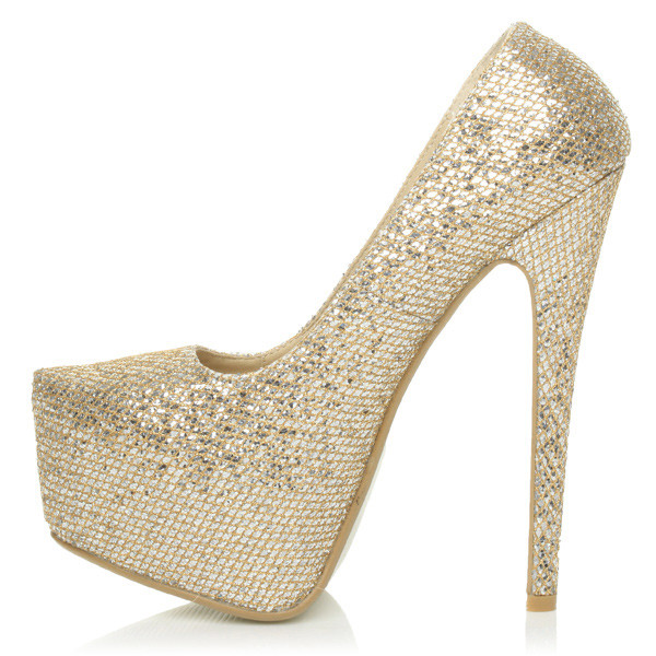 Left side view of Gold Glitter High Heel Pointed Platform Court Shoes