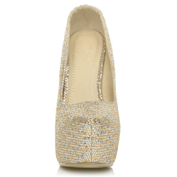 Front view of Gold Glitter High Heel Pointed Platform Court Shoes