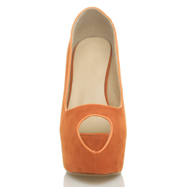 Front view of Orange Suede High Heel Platform Almond Peep Toe Court Shoes