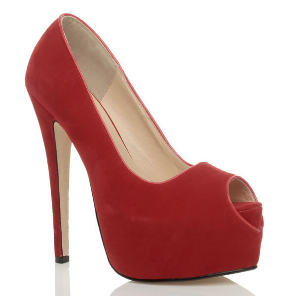 Front right side view of Red Suede High Heel Platform Almond Peep Toe Court Shoes