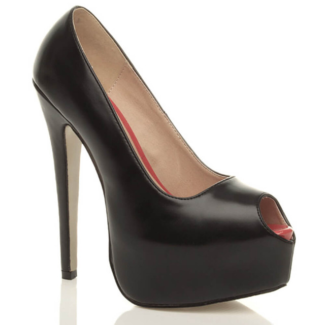 Front right side view of Black Suede High Heel Platform Almond Peep Toe Court Shoes