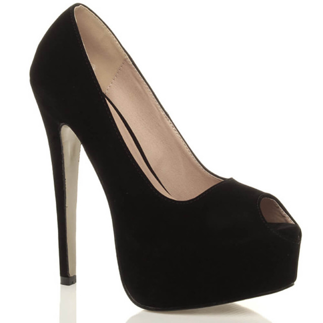 Front right side view of Black PU High Heel Platform Almond Peep Toe Court Shoes