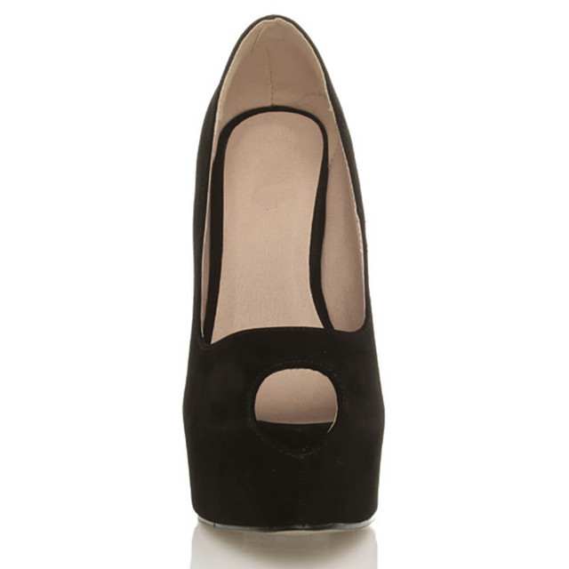 Front view of Black PU High Heel Platform Almond Peep Toe Court Shoes