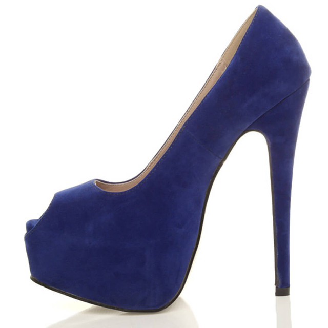 Left side view of Cobalt Blue Suede High Heel Platform Almond Peep Toe Court Shoes
