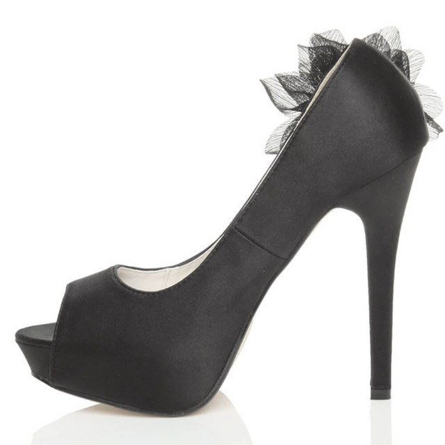 Left side view of Black Satin High Heel Flower Platform Peep Toe Court Shoes