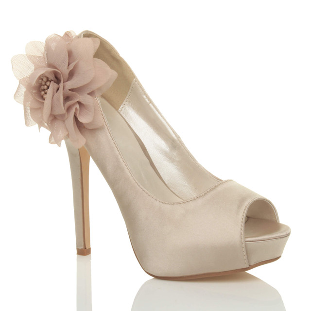Front right side view of Champagne Satin High Heel Flower Platform Peep Toe Court Shoes