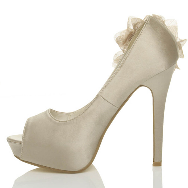 Left side view of Champagne Satin High Heel Flower Platform Peep Toe Court Shoes