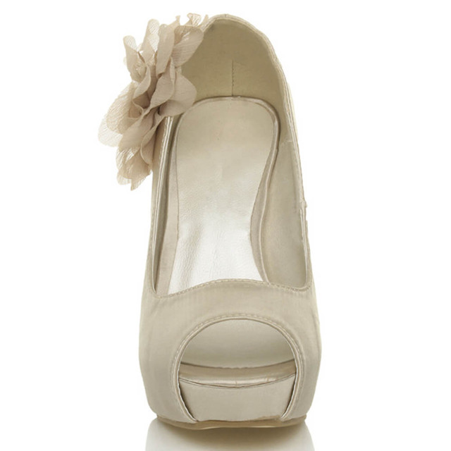 Front view of Champagne Satin High Heel Flower Platform Peep Toe Court Shoes