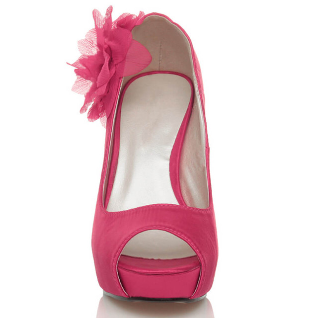 Front view of Fuchsia Pink Satin High Heel Flower Platform Peep Toe Court Shoes
