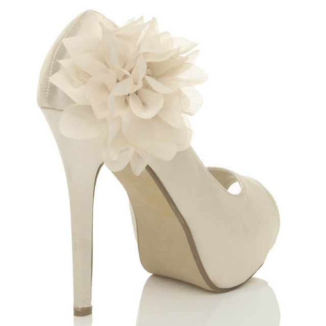 Back right side view of Ivory Satin High Heel Flower Platform Peep Toe Court Shoes