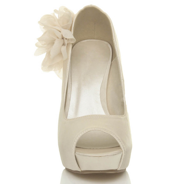 Front view of Ivory Satin High Heel Flower Platform Peep Toe Court Shoes