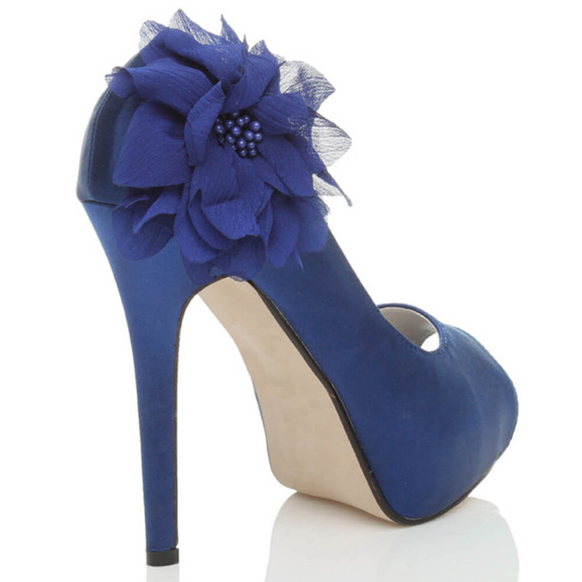 Back right side view of Navy Satin High Heel Flower Platform Peep Toe Court Shoes