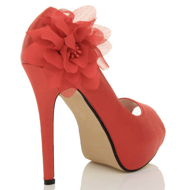 Back right side view of Red Satin High Heel Flower Platform Peep Toe Court Shoes