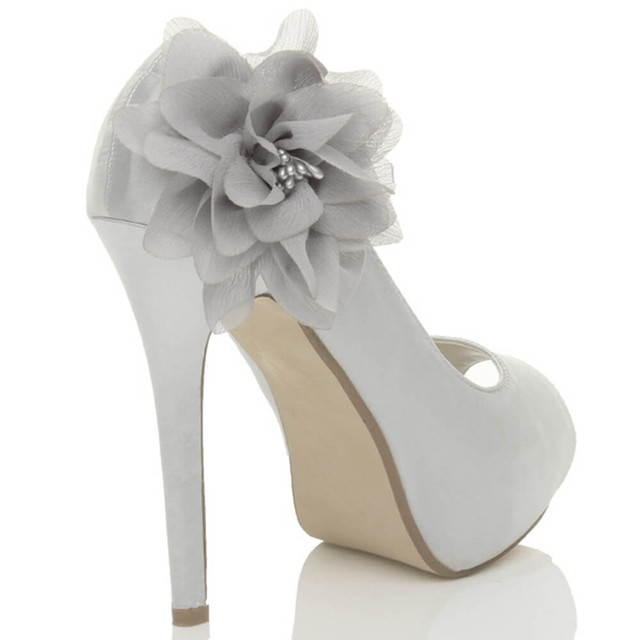 Back right side view of Silver Satin High Heel Flower Platform Peep Toe Court Shoes