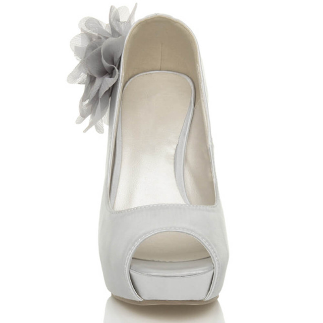 Front view of Silver Satin High Heel Flower Platform Peep Toe Court Shoes