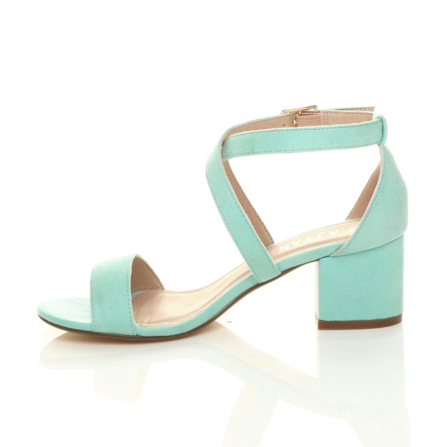 Left side view of Mint Green Suede Mid Block Heel Cross Strap Party Strappy Sandals