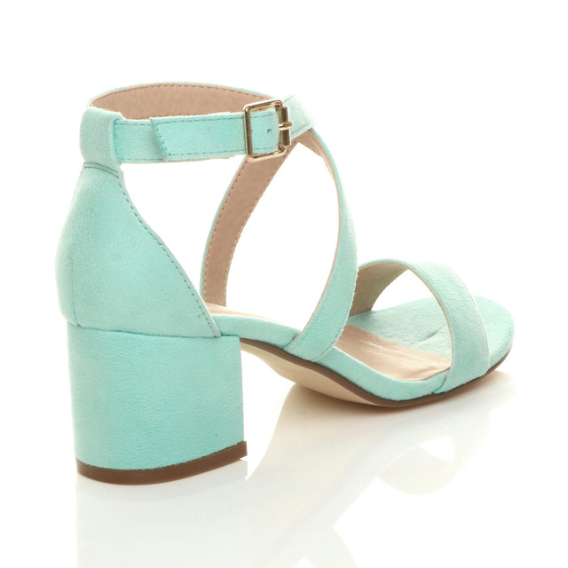 Back right side view of Mint Green Suede Mid Block Heel Cross Strap Party Strappy Sandals