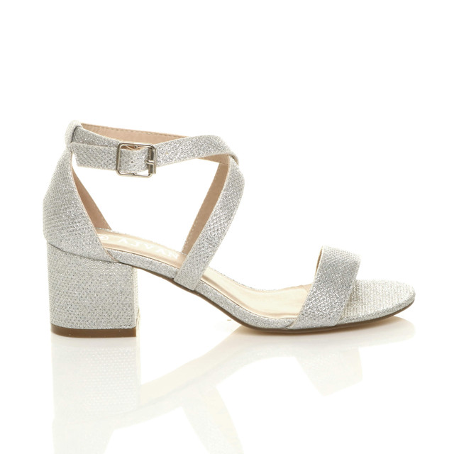 Right side view of Silver Glitter Mid Block Heel Cross Strap Party Strappy Sandals