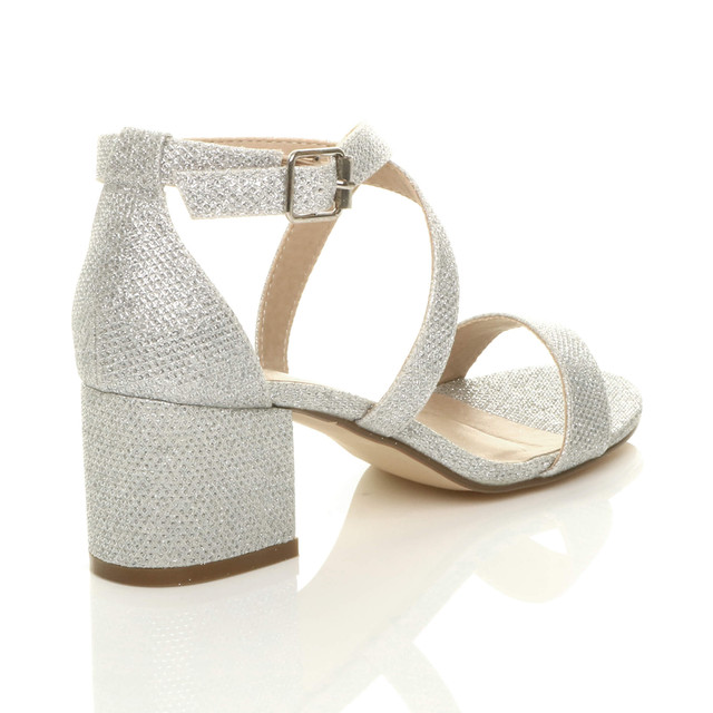 Back right side view of Silver Glitter Mid Block Heel Cross Strap Party Strappy Sandals