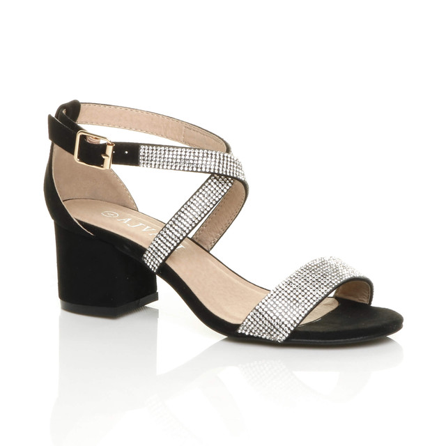 Front right side view of Black Diamante Suede Mid Block Heel Cross Strap Party Strappy Sandals