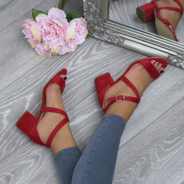 Model wearing Red Suede Mid Block Heel Cross Strap Party Strappy Sandals