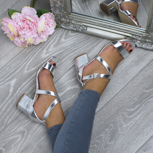 Model wearing Silver PU Mid Block Heel Cross Strap Party Strappy Sandals