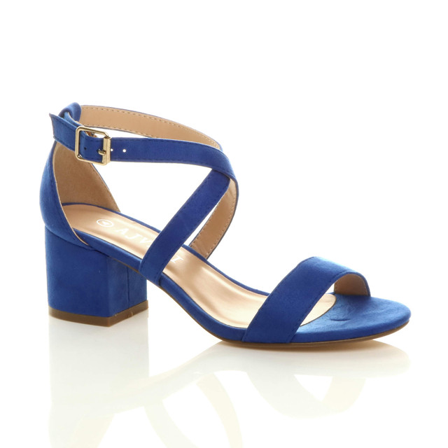 Front right side view of Cobalt Blue Suede Mid Block Heel Cross Strap Party Strappy Sandals