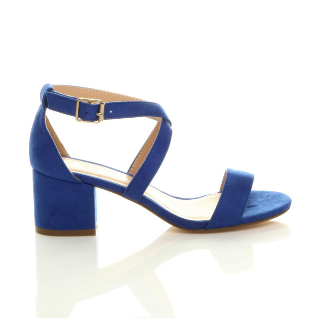 Right side view of Cobalt Blue Suede Mid Block Heel Cross Strap Party Strappy Sandals