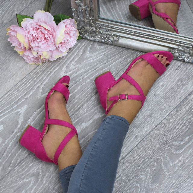 Model wearing Fuchsia Pink Suede Mid Block Heel Cross Strap Party Strappy Sandals