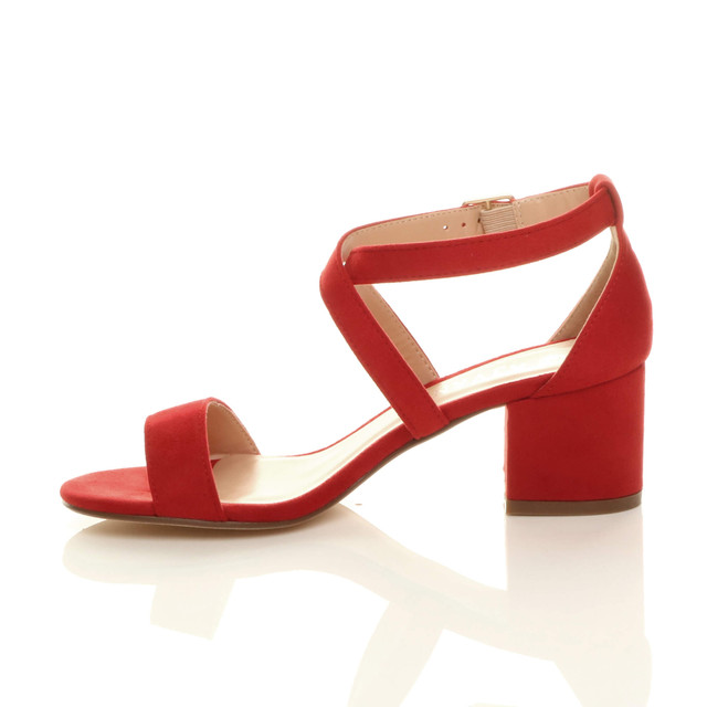 Left side view of Red Suede Mid Block Heel Cross Strap Party Strappy Sandals