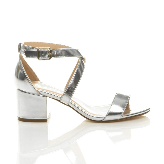 Right side view of Silver PU Mid Block Heel Cross Strap Party Strappy Sandals