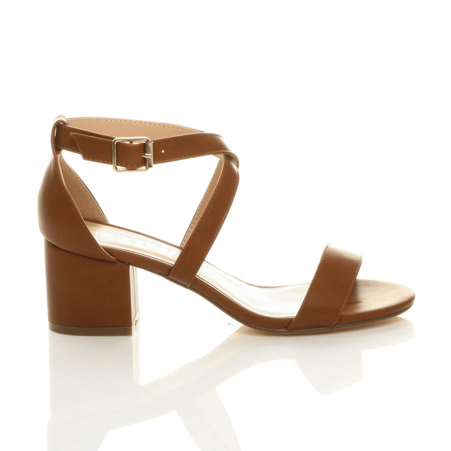 Right side view of Tan PU Mid Block Heel Cross Strap Party Strappy Sandals