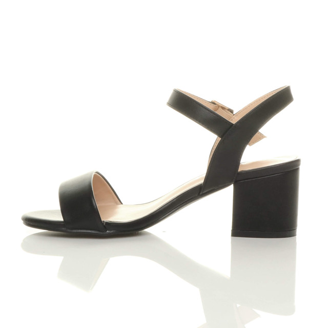 Left side view of Black PU Mid Block Heel Ankle Strap Barely There Sandals