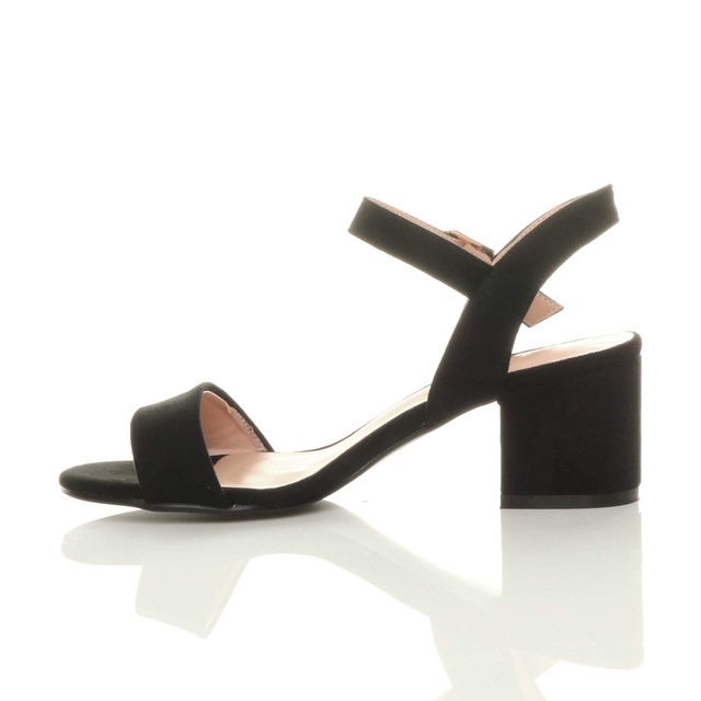 Left side view of Black Suede Mid Block Heel Ankle Strap Barely There Sandals