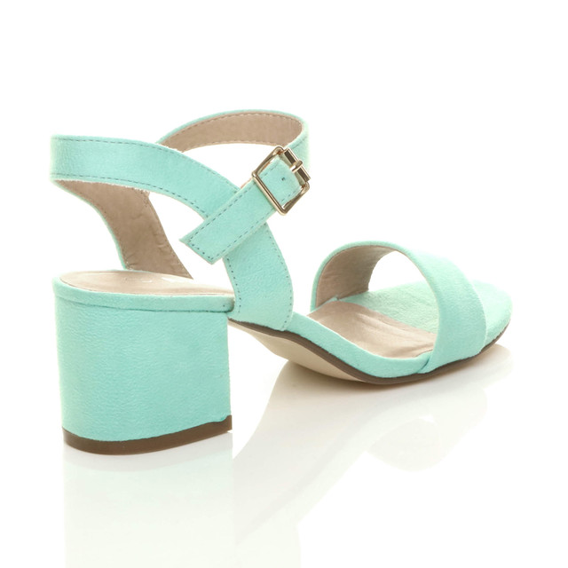 Back right side view of Mint Green Suede Mid Block Heel Ankle Strap Barely There Sandals