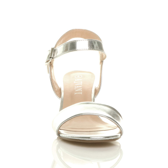 Front view of Silver PU Mid Block Heel Ankle Strap Barely There Sandals
