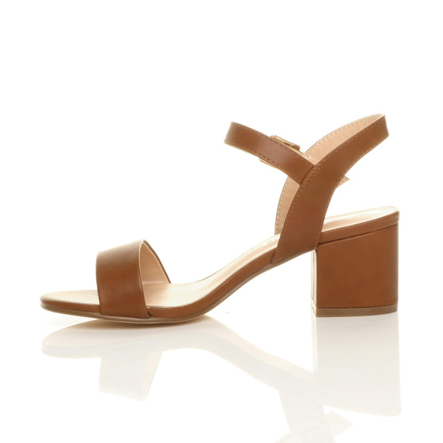 Left side view of Tan PU Mid Block Heel Ankle Strap Barely There Sandals