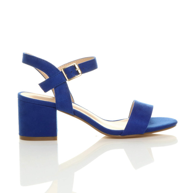 Right side view of Cobalt Blue Suede Mid Block Heel Ankle Strap Barely There Sandals